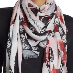 Alexander McQueen Torn Rose Skull Scarf NWT Red Black White